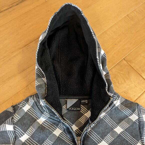 Volcom Womens Gray Black Plaid Flannel Zip Hoodie Hoody Y2K Skater Gear Jacket - Picture 3 of 10